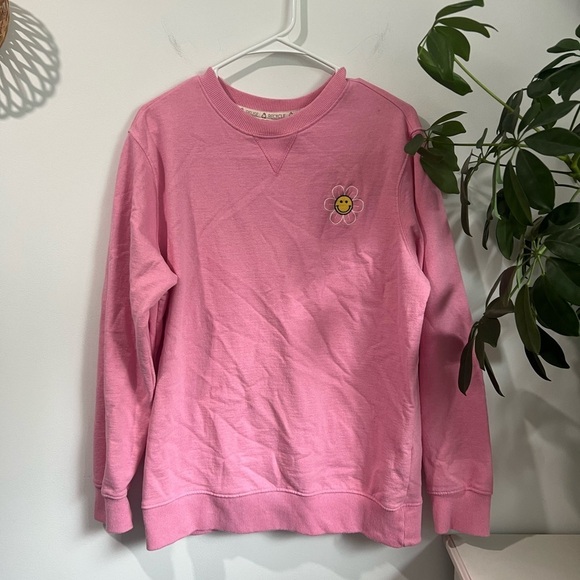 Recycled Threads Tops - Pink Sweatshirt with Flower Embroidery